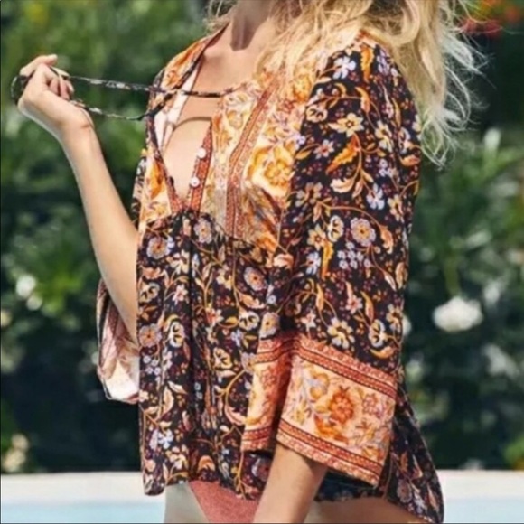 Rust Orange Brown Boho Tassel Tie Flare Sleeve Top - Picture 3 of 9